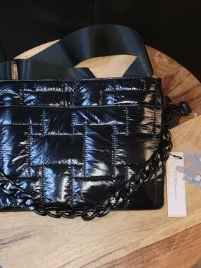 BCBGeneration Glossy Quilted Black Shoulder Bag with Chunky Chain